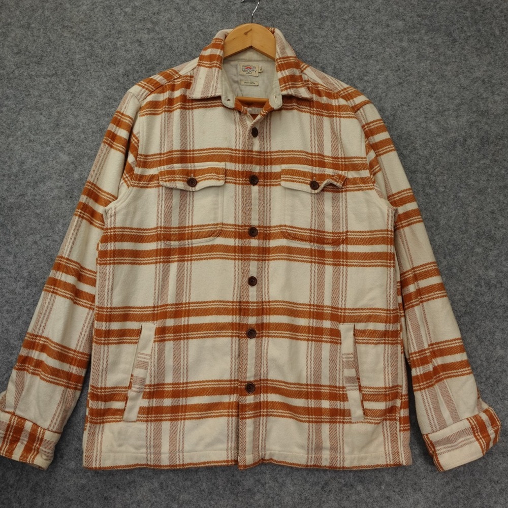 FAHERTY Shirt Jacket Mens MEDIUM Orange Organic Cotton Plaid Work Shacket Thick